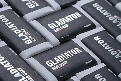 Multiple bars of Gladiator Bar Soap arranged in a pattern.