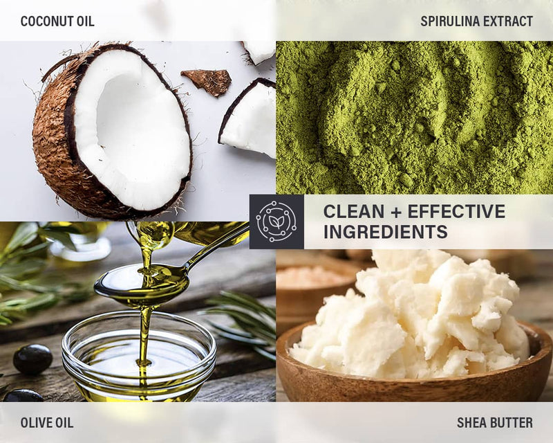 Collage of coconut oil, spirulina extract, olive oil, and shea butter with text 'Clean + Effective Ingredients'.
