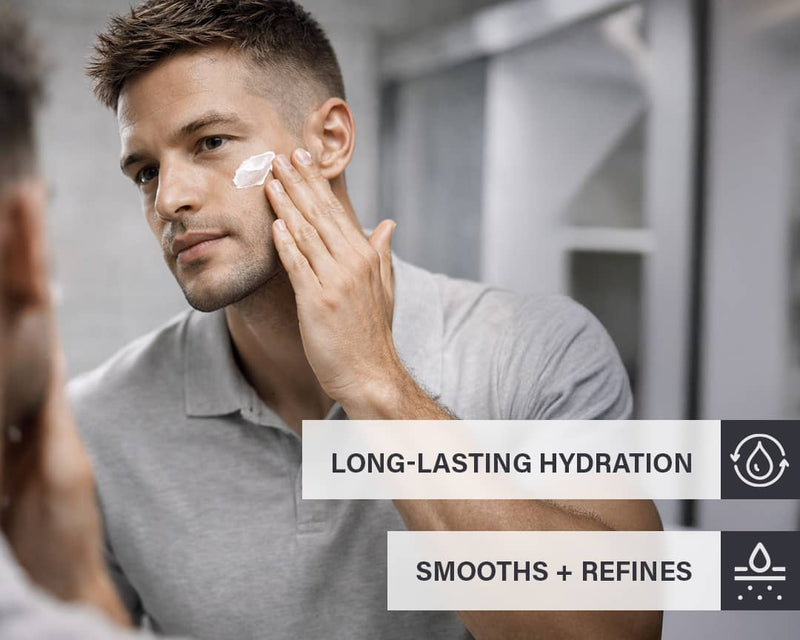 Man applying RGMN+ Neutralizer face moisturizer to his face with callouts about long-lasting hydration and how the product smooths and refines fine lines