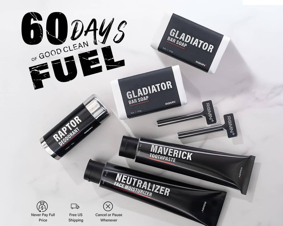 Collection of RGMN+ brand products including soap, deodorant, toothpaste, and face moisturizer on a white background.