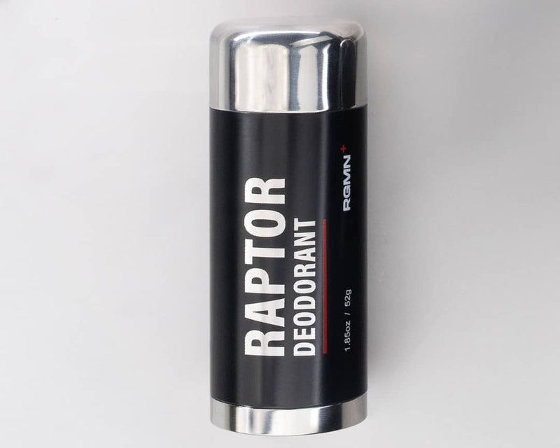 RGMN+ Raptor deodorant can with a 100% Yuka rating label on a light gray background
