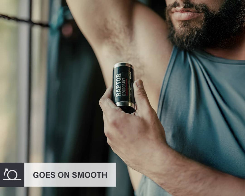 Man holding a can of RGMN+ Raptor deodorant talks about the product's smooth application