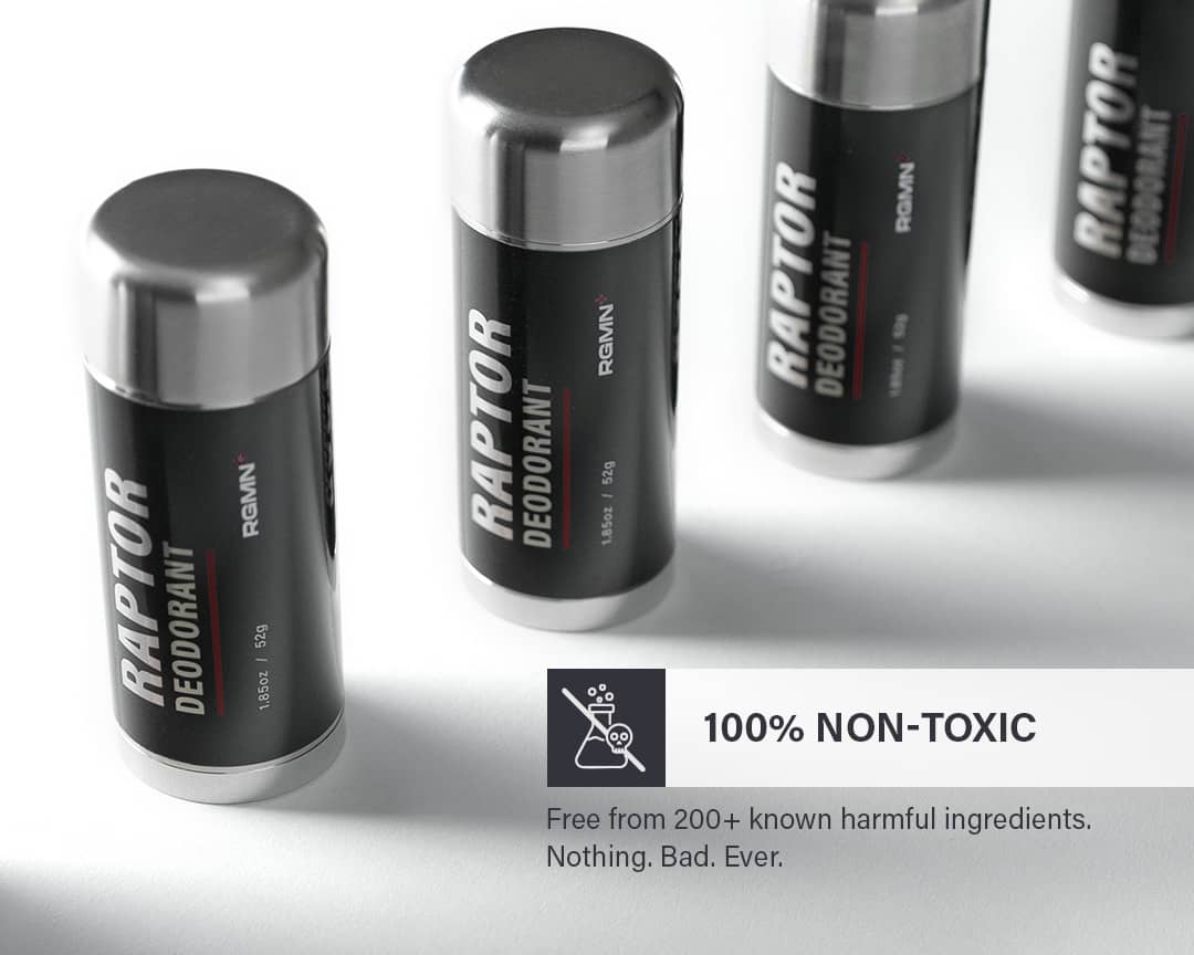 RGMN+ Raptor deodorant with a label highlighting its non-toxic ingredients on a gray background