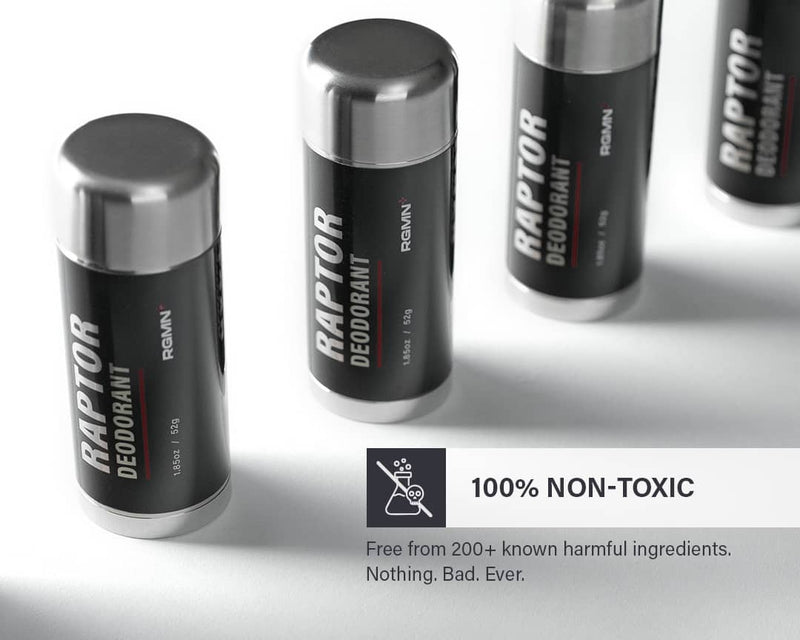RGMN+ Raptor deodorant with a label highlighting its non-toxic ingredients on a gray background