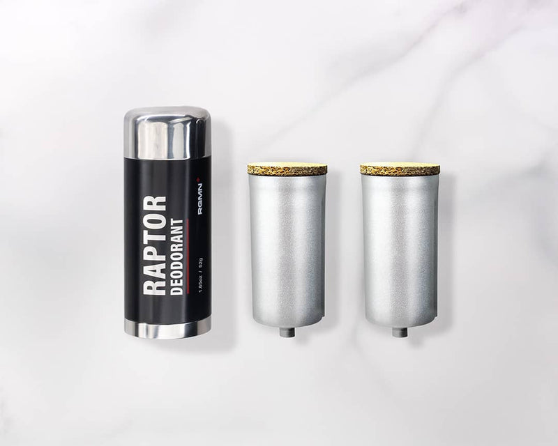 A RAPTOR deodorant tube, and two refill inserts