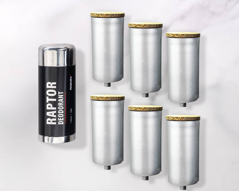 A RAPTOR deodorant tube, and six refill inserts