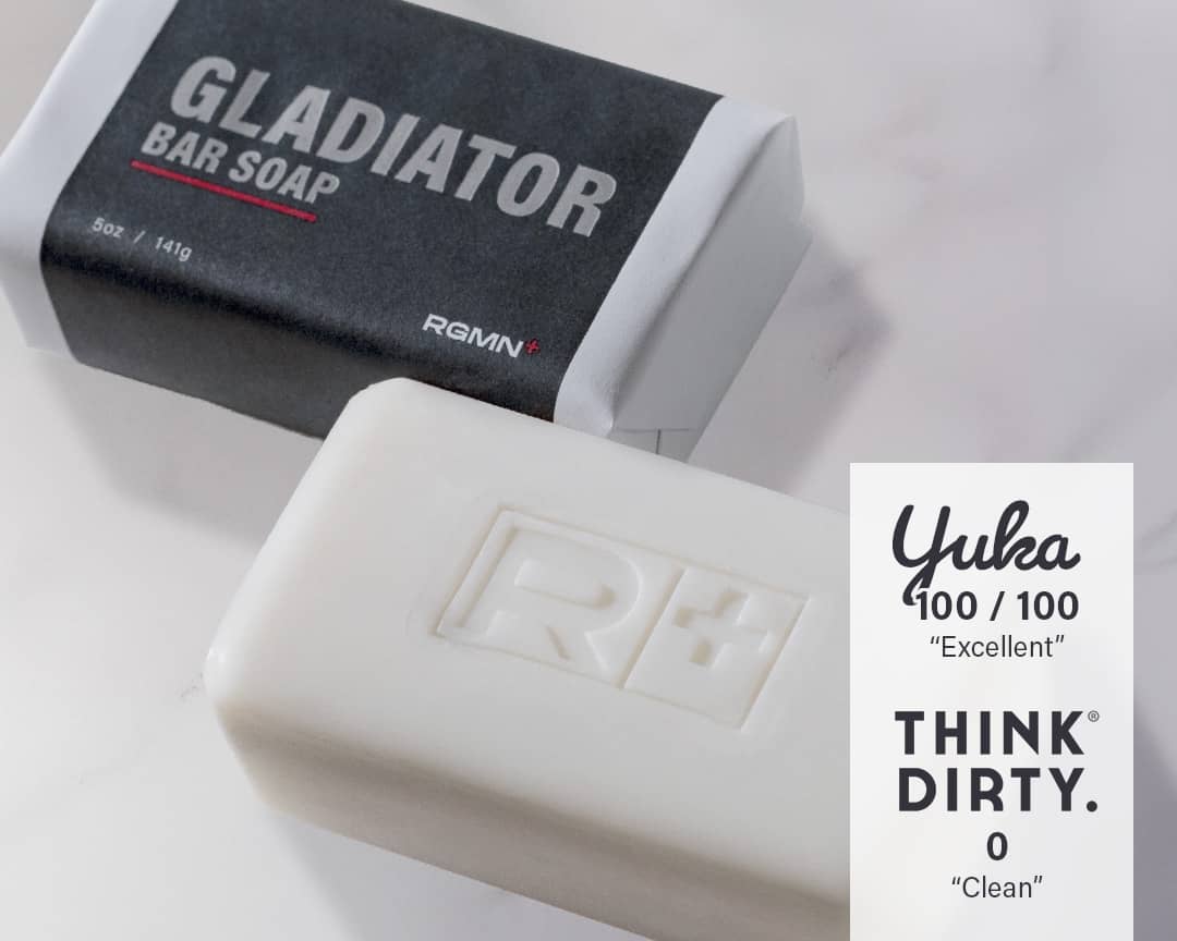 RGMN+ Gladiator bar of soap and packaging on a white background.