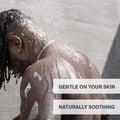 Thumbnail for Person under a shower with product callouts about how gentle the product is on your skin and it's naturally soothing benefits