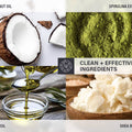 Thumbnail for Collage of coconut oil, spirulina extract, olive oil, and shea butter with text 'Clean + Effective Ingredients'.