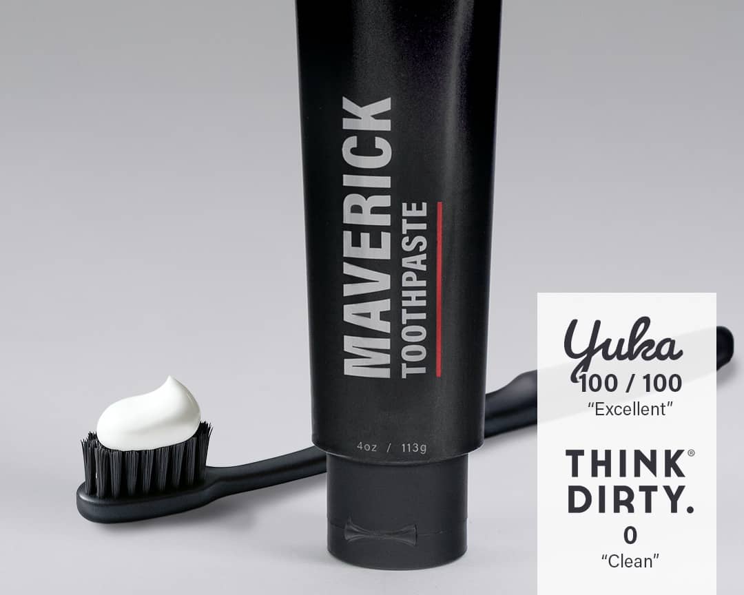 Maverick toothpaste with a toothbrush and toothpaste on a gray background