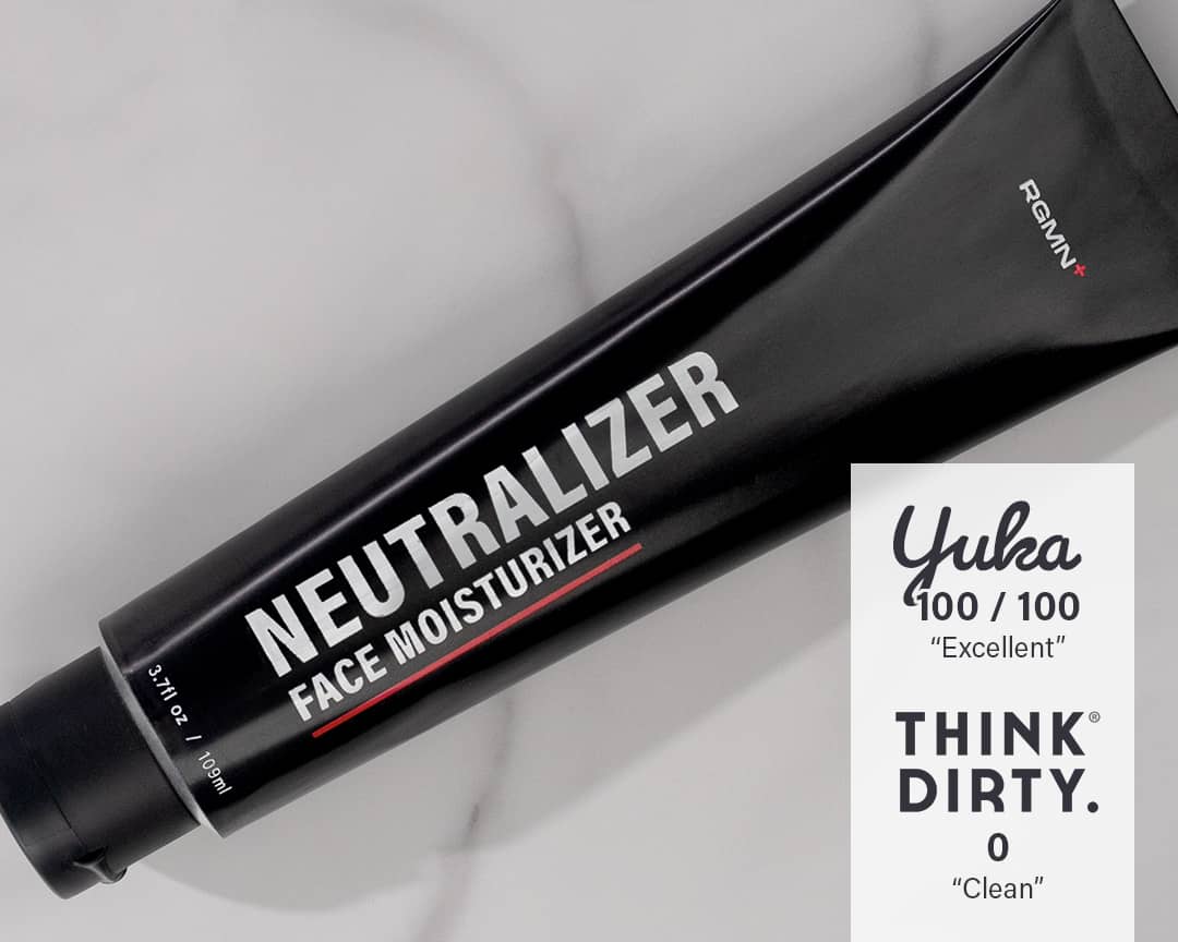 RGMN+ Neutralizer face moisturizer tube with a 100% Yuka rating card on a light gray background