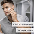 Thumbnail for Man applying RGMN+ Neutralizer face moisturizer to his face with callouts about long-lasting hydration and how the product smooths and refines fine lines