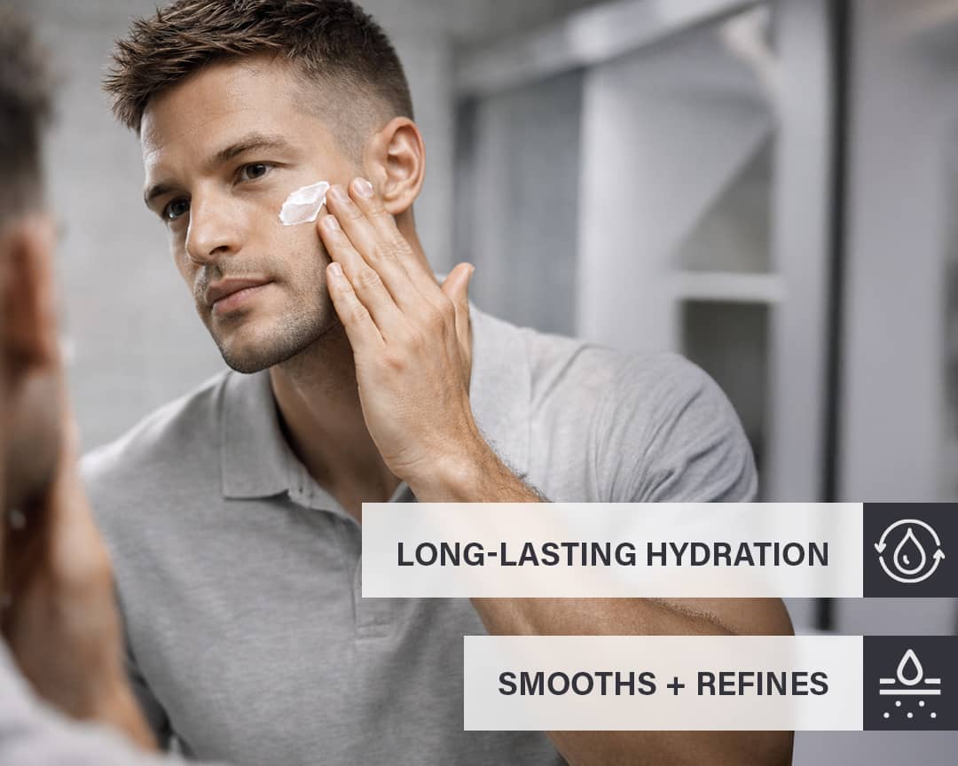 Man applying RGMN+ Neutralizer face moisturizer to his face with callouts about long-lasting hydration and how the product smooths and refines fine lines