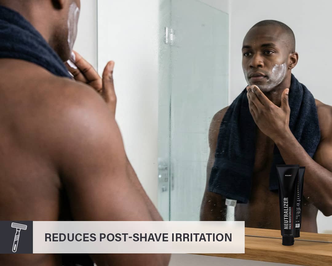 Man applying RGMN+ Neutralizer to his face with text labeled 'Reduces post-shave irritation' on a bathroom counter.