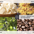Thumbnail for Collage of natural ingredients including shea butter, witch hazel, squalane, and caffeine with a 'Clean + Effective Ingredients' label.