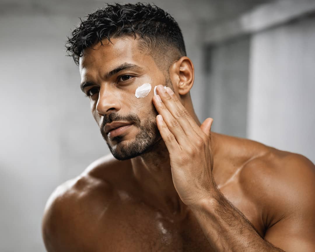 Man applying RGMN+ Neutralizer facial moisturizer to his face with a neutral background