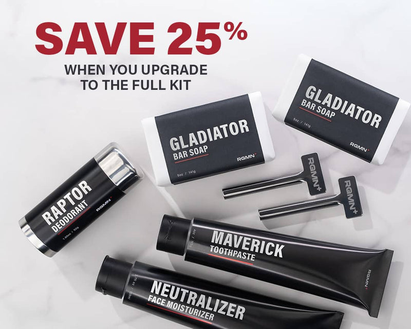 Collection of RGMN+ skincare products including bar soap, deodorant, toothpaste, and face moisturizer with a save 25% promo on a light gray background.