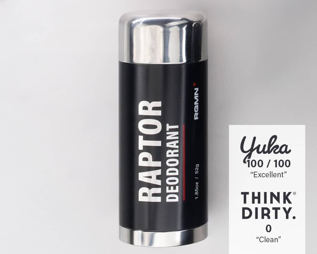 RGMN+ Raptor deodorant can with a 100% Yuka rating label on a light gray background