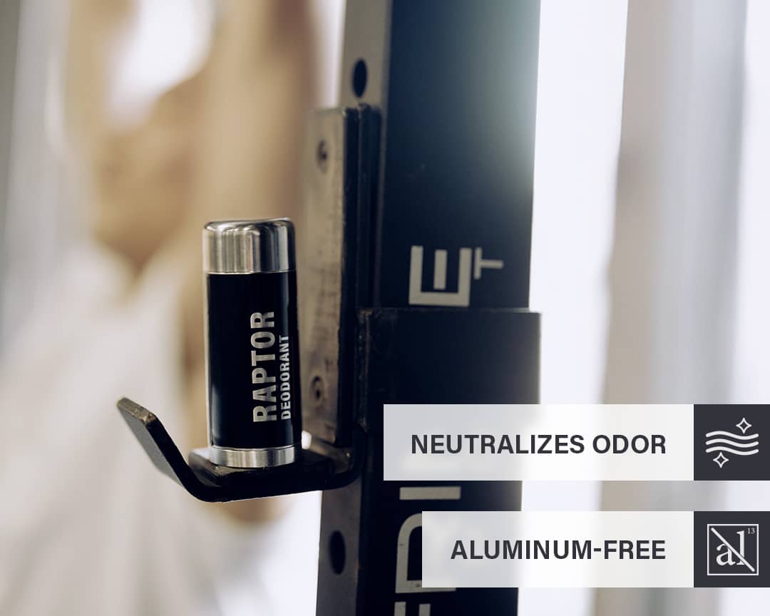 RGMN+ Raptor deodorant stick on a barbell rack with callouts about how it neutralizes odor and it's aluminum-free composition