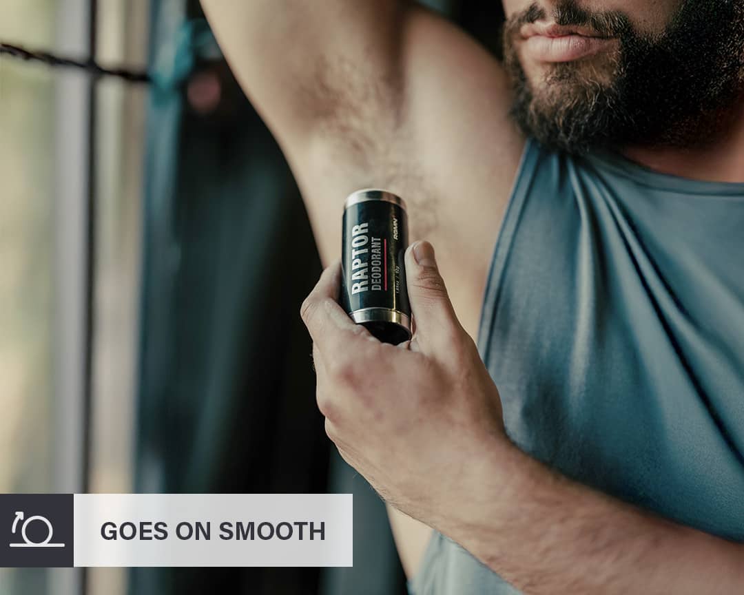 Man holding a can of RGMN+ Raptor deodorant talks about the product's smooth application