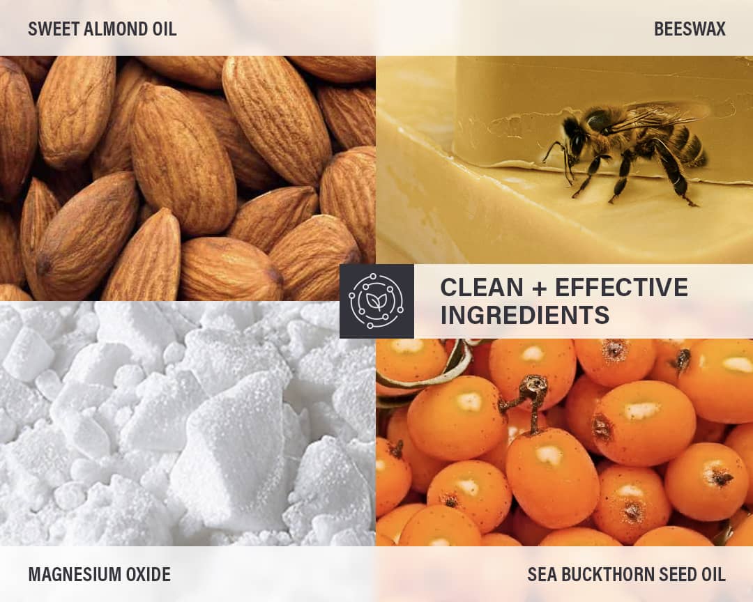 Ingredients used in a product with images of sweet almond oil, beeswax, magnesium oxide, and sea buckthorn seed oil.