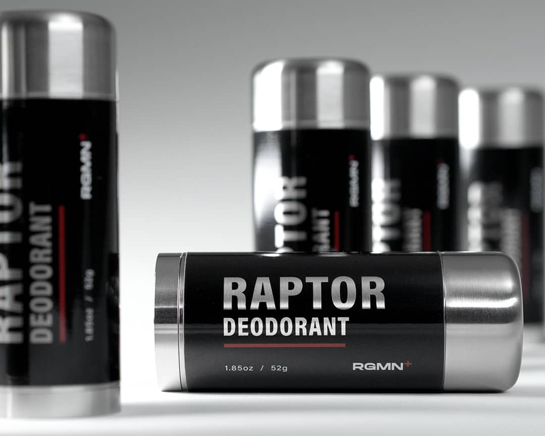 RGMN+ Raptor deodorant tubes on a gray background