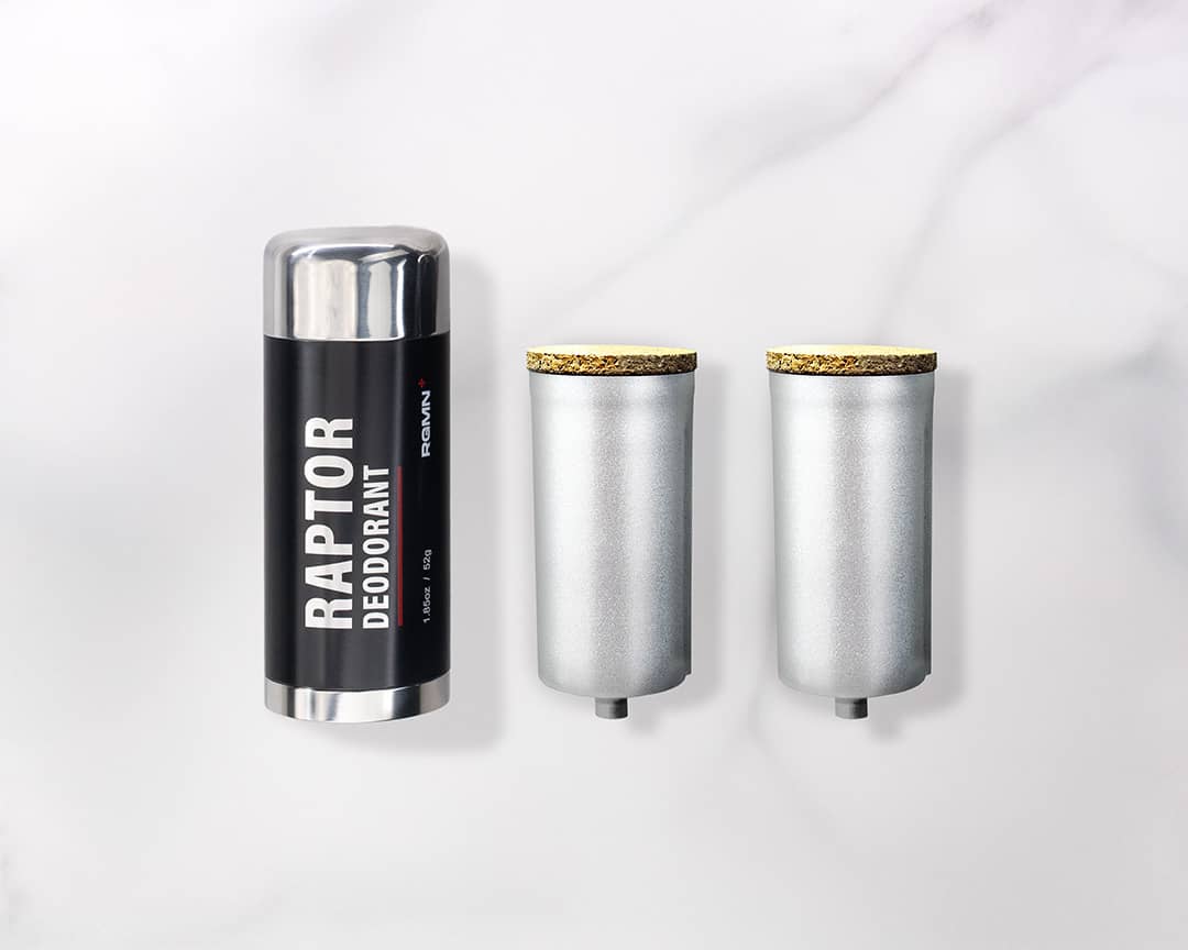 A RAPTOR deodorant tube, and two refill inserts
