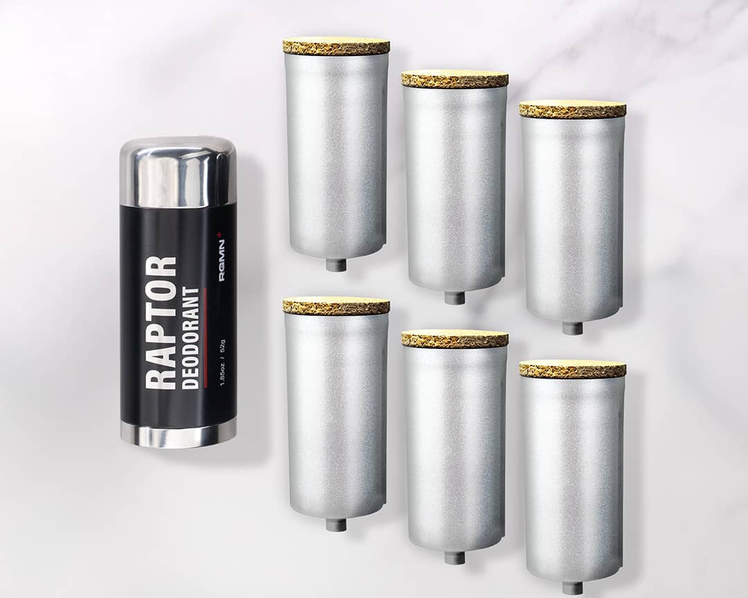 A RAPTOR deodorant tube, and six refill inserts